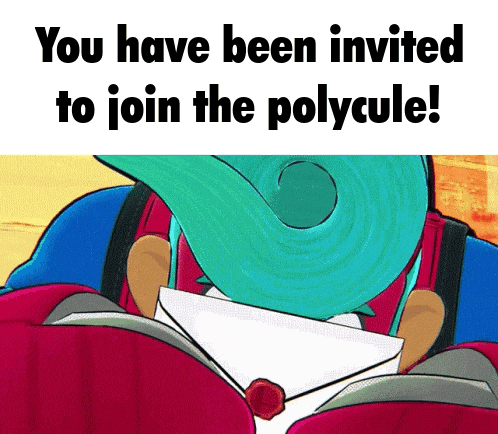 a cartoon character is holding an envelope with the words " you have been invited to join the polycule "