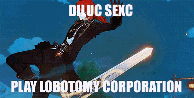 a cartoon of a man holding a sword with the words dilluc sexc play lobectomy corporation