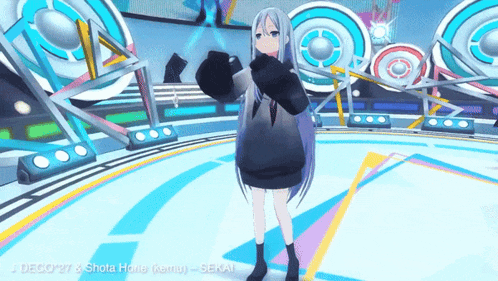 a girl with purple hair is standing on a stage in a video game called shola house