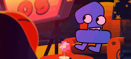 a cartoon character is sitting on a couch in front of a sign that says " go "
