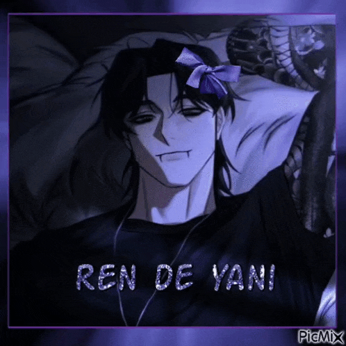 a picture of a man with a purple bow on his head and the name ren de yan