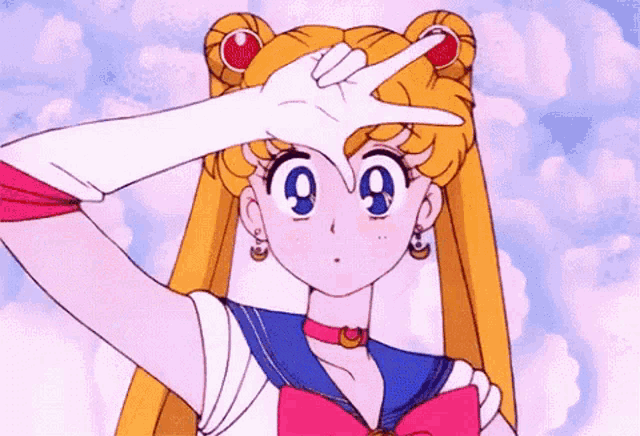 a sailor moon cartoon character is making a peace sign