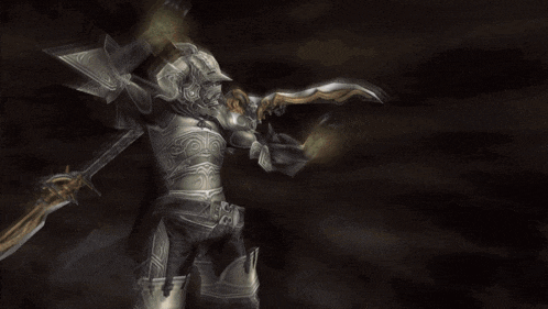 a video game character is holding a sword and the words ruin unflinching are above him
