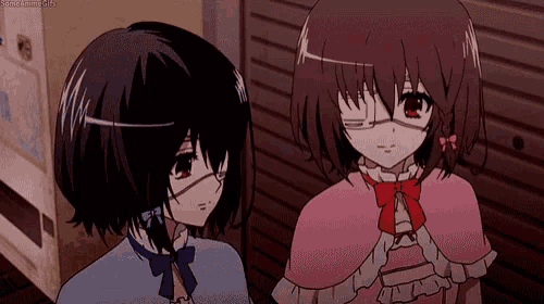two anime girls are standing next to each other in a room . one of the girls has a bandage on her eye .