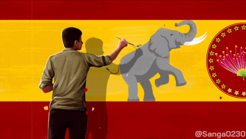 a man is painting an elephant on a red and yellow flag