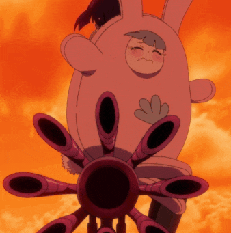 a cartoon character in a bunny costume is standing in front of a sunset