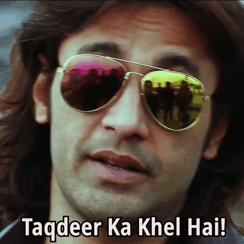 a man wearing sunglasses with the words taqdeer ka khel hai written below him