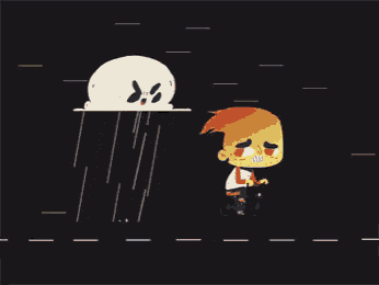 a cartoon of a boy riding a bike next to a ghost with a skull on it