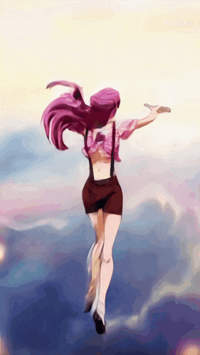 a girl with purple hair is flying through the air with her arms outstretched