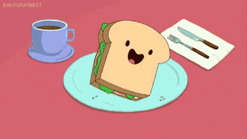 a sandwich with a face is on a plate next to a cup of coffee and a napkin
