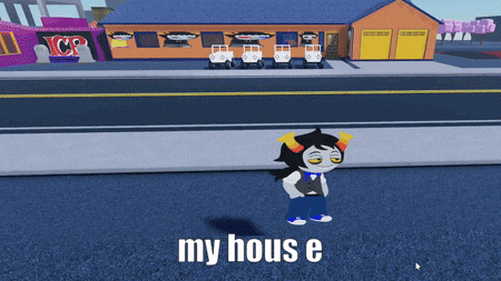 a cartoon character says my hous e in front of a ice cream shop