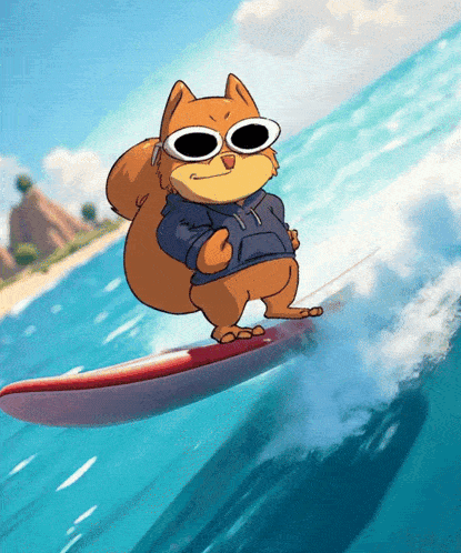 a cartoon squirrel is riding a wave on a surfboard in the ocean