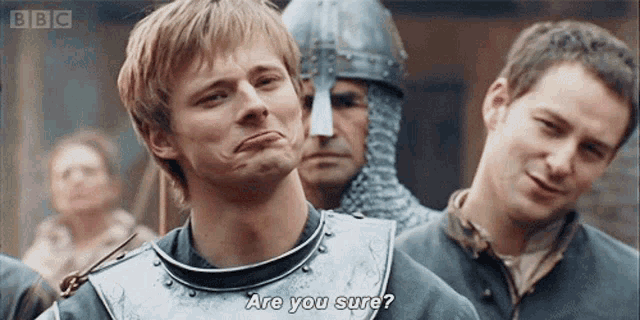 a man in a knight 's armor is making a face and asking are you sure .
