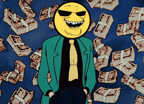 a man with a smiley face on his face is surrounded by money