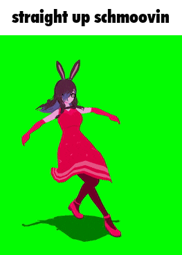 a girl in a red dress with bunny ears is dancing on a green screen with the caption straight up schmoovin