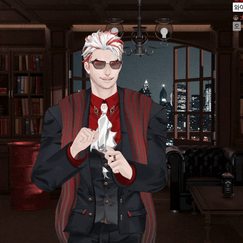 a man in a suit and tie is standing in front of a window with a city skyline in the background