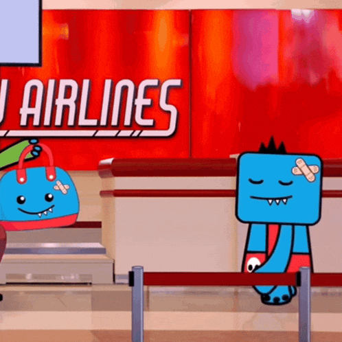 a cartoon character is sitting in front of a sign for airlines