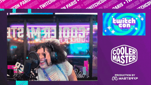 a woman is smiling in front of a microphone with a cooler master logo behind her