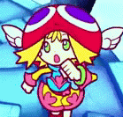 a cartoon character with a red hat and wings is standing on a blue surface .