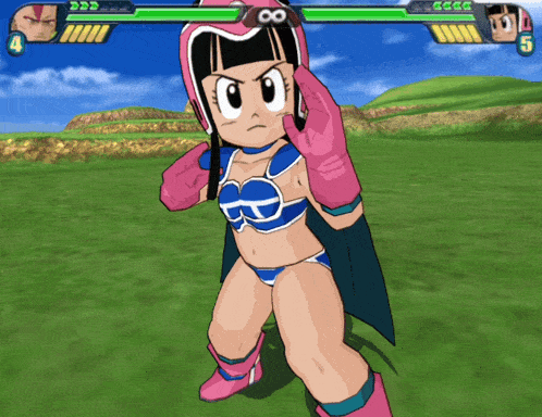 a girl in a bikini is playing a video game with the number 4 in the upper right corner