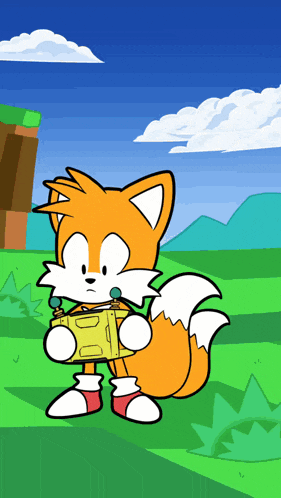 a cartoon drawing of a fox holding a block