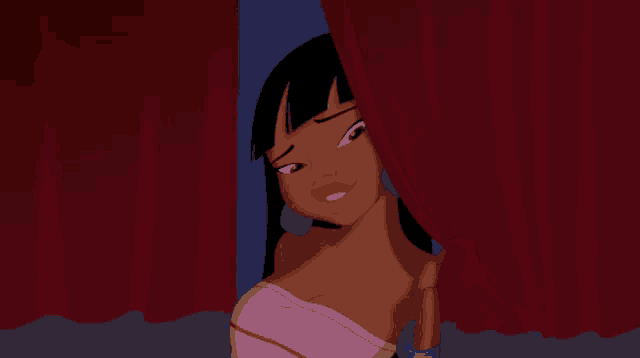 a cartoon girl is peeking out from behind a curtain