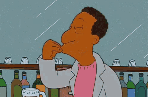 a cartoon character says " excelente " in front of a bar full of bottles of alcohol