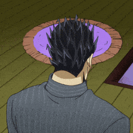 a cartoon of a man with spiky hair and a purple rug in the background