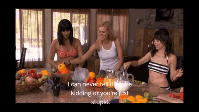 a woman in a bikini says i can never tell if youre kidding or you 're just stupid
