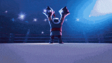 a cartoon character is standing in a boxing ring with his hands in the air