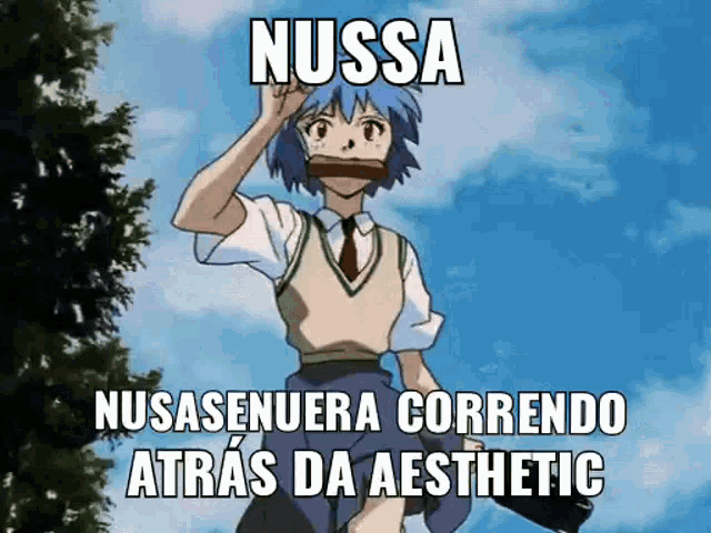 a girl with blue hair is wearing a school uniform and a tie ..