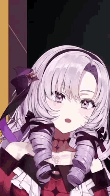 a close up of a girl with purple eyes