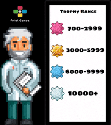 a pixel art of a man holding a book and a trophy range