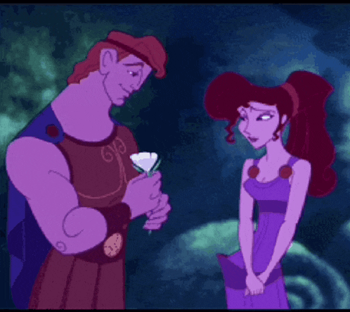 a cartoon of hercules kissing megara with the words i love you below
