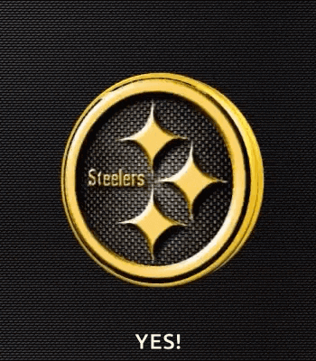 a golden steelers logo on a black background with the words `` yes ! ''