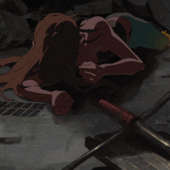 a cartoon of a woman laying on the ground with a red object in the foreground
