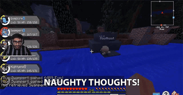a screenshot of a video game with the words naughty thoughts at the bottom