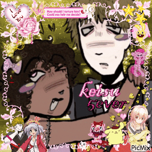 a cartoon of a man holding a girl with the name keisu sever on the bottom
