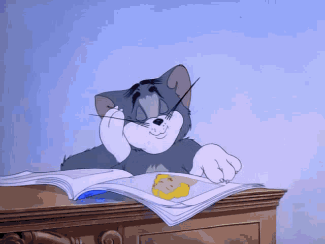a cartoon cat is looking at a picture of a girl
