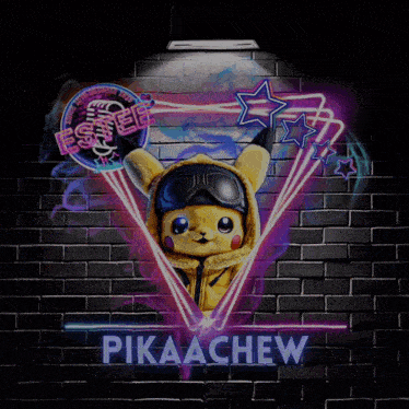 a brick wall has a pikaa chew sign on it