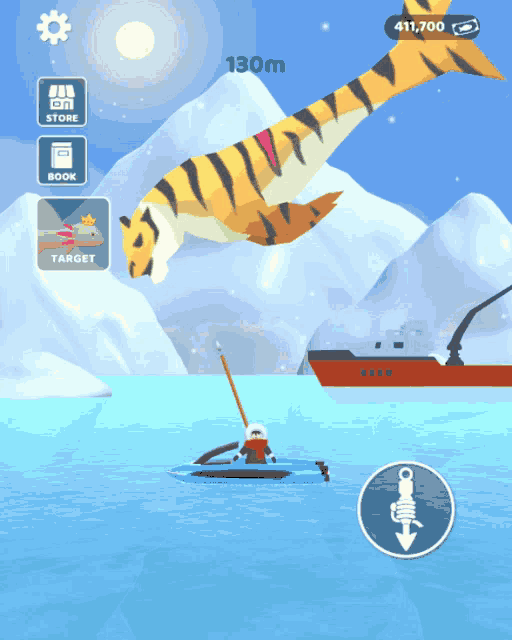 a screenshot of a game showing a tiger and a person on a boat