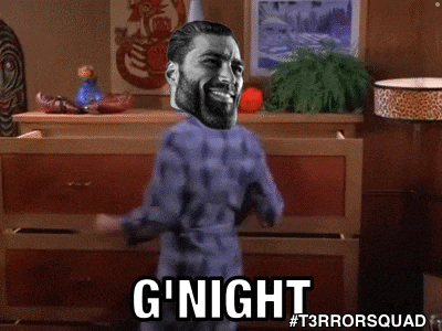 a man with a beard is dancing in a room with the words g ' night written on the bottom .