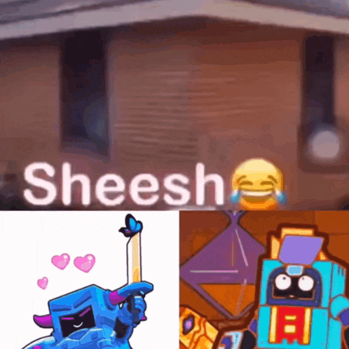 a cartoon character holding a sword with the word sheesh written above it