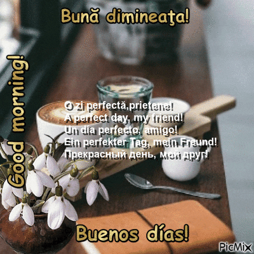a picture of flowers and a cup of coffee with the words buenos dias on it