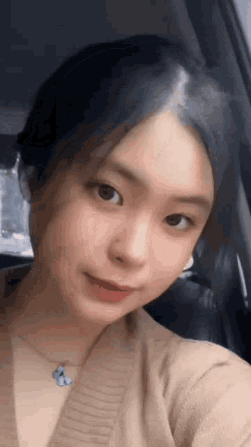 a young woman is taking a selfie in a car .