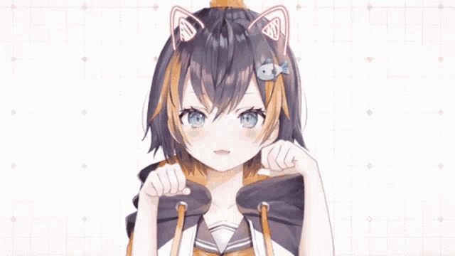 a cute anime girl with cat ears and a fish in her hair is making a funny face .