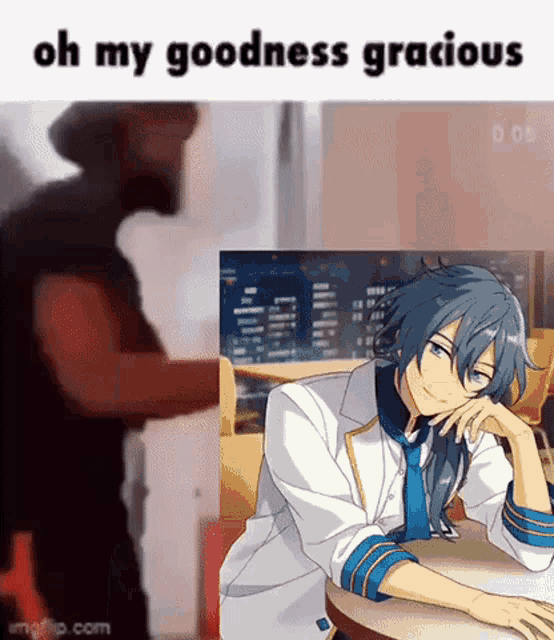 a meme of a boy sitting at a table with the words oh my goodness gracious on the bottom