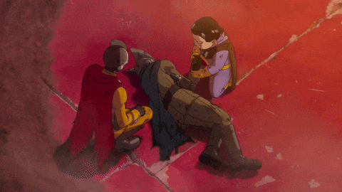 a cartoon of a man laying on the ground with a woman standing next to him
