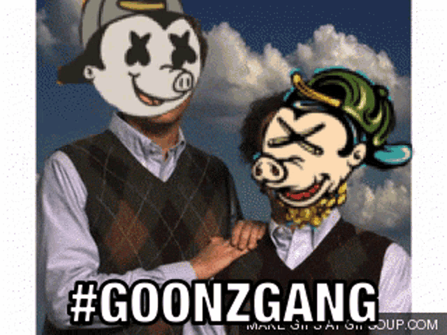 two men wearing masks and the words #goonzgang