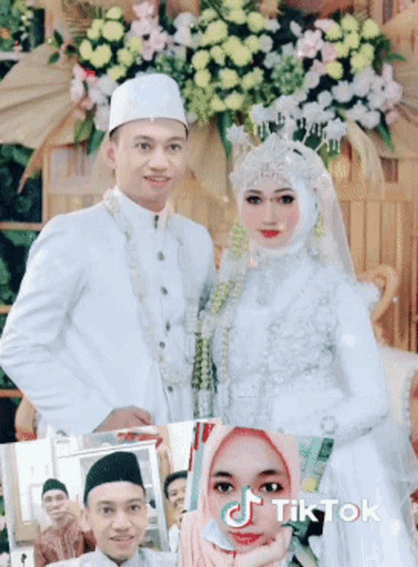 a bride and groom are posing for a picture with tiktok written on the bottom right
